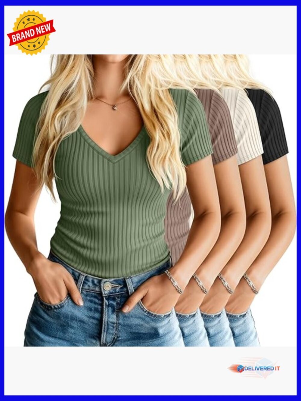 V-Neck T-Shirts 4 Pack Cotton Short Sleeve Ribbed Slim Fit Summer Tops Multipack